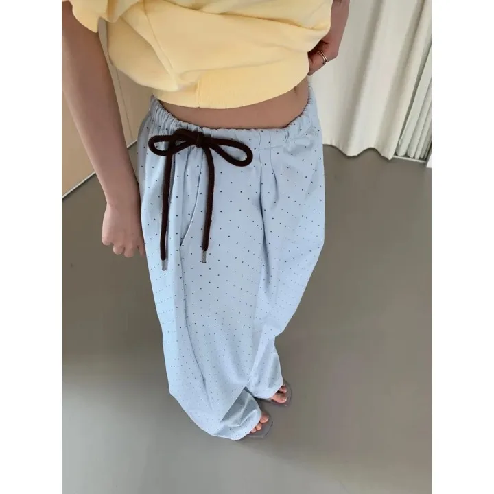 Cute Polka Dot Print Loose Side Tied Wide Leg Casual Pants Ladies Comfortable Natural Waist Elastic Fabric Other Material