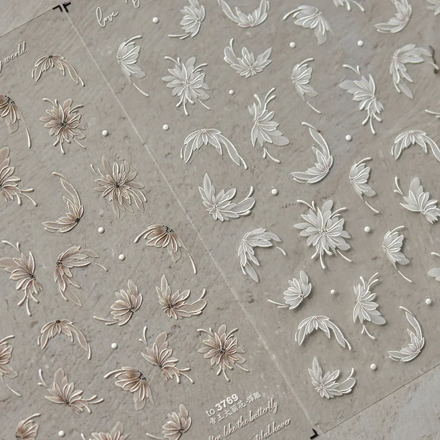 1pcs 5D Relief White Dahlia Flower Nail Art Stickers Pearls Rhinestone Gradient Floral Nail Decals Self Adhesive DIY Accessories