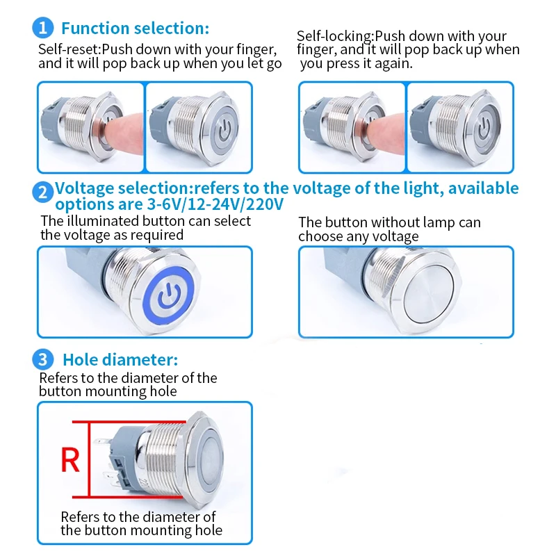 12V 24V 220V Waterproof Metal Power Push Button Switch LED Light Momentary Latching Car Engine Illuminated 12mm-22mm  Red Blue