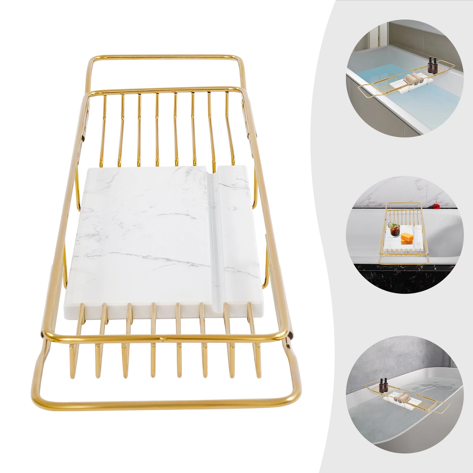 

201 Stainless Steel 68-90CM Expandable Bathtub Tray,Gold+White Marble Rectangular Bathtub Tray,Bathtub Mount for Home