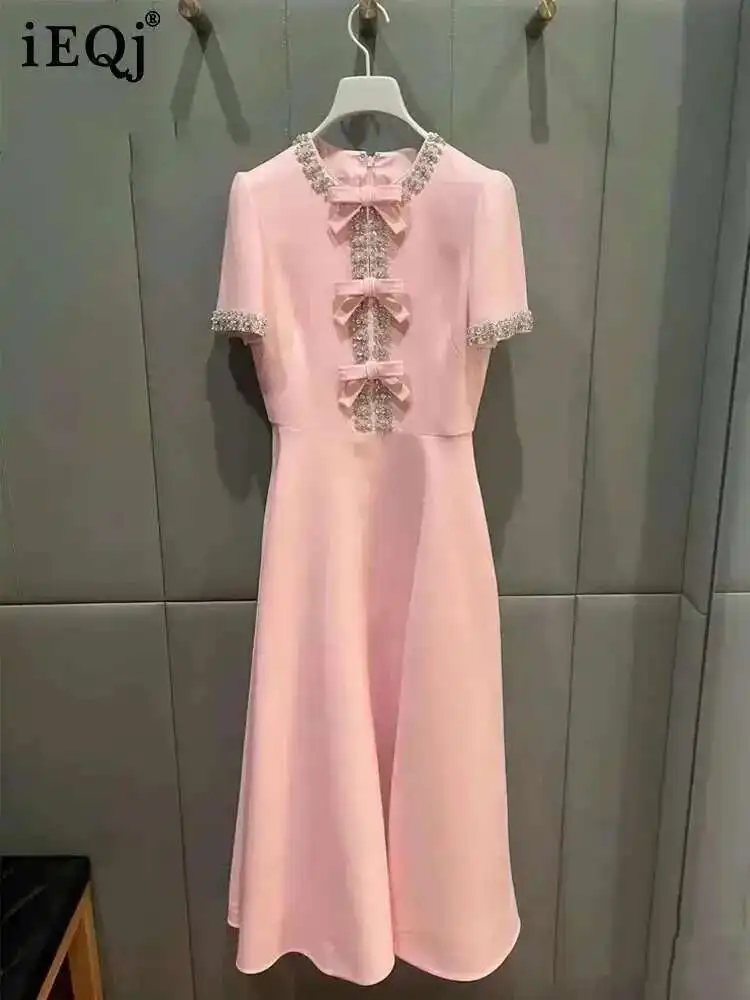 IEQJ-vestidos de mujer con lazo empalmado de diamantes, cuello redondo, cintura alta, manga corta, vestido de moda para mujer, otoño 2025, nuevo 36A3085