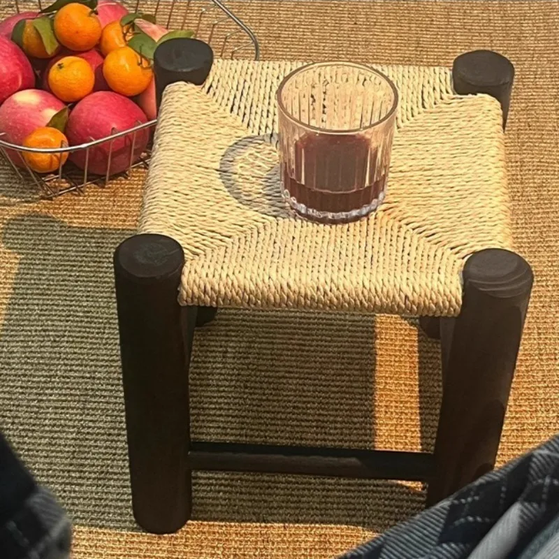 Solid Wood Rattan Stool Retro Light Luxury High-end Chair in The Living Room Ancient Style Wabi Sabi