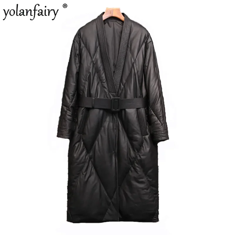 FTY-Doudoune en cuir véritable pour femme, manteau en peau de mouton naturelle, mi-long, combinaison noire, taille optique féminine, vestes d'hiver