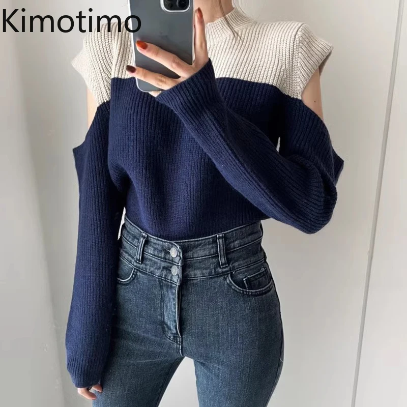 

Kimotimo Sweater Women Autumn Winter Retro Contrast Color Patchwork Hollow Out Long Sleeve Pullover Korean Chic Knitwear Tops