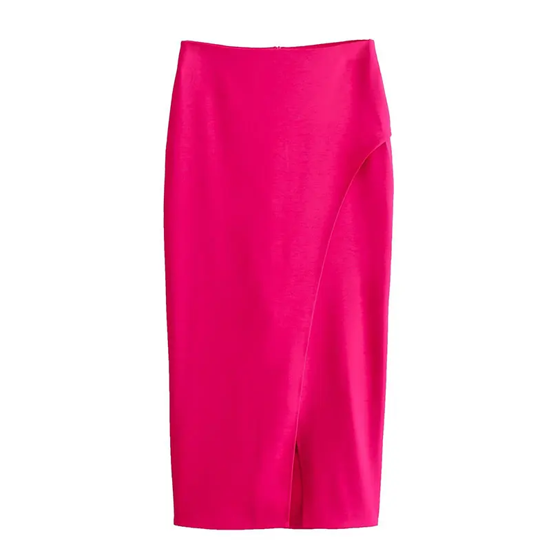 

Rose Red Tight Midi Skirt Lady Spring Summer With Casual Concise Simplicity Elegant Straight Design Split Decorative Skirt