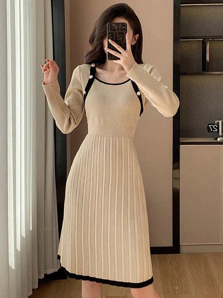 

High Quality Autumn Winter Sweater Dress Women Elegant Square Collar Long Sleeve High Waist Slim Knee-Length Knitted Dress