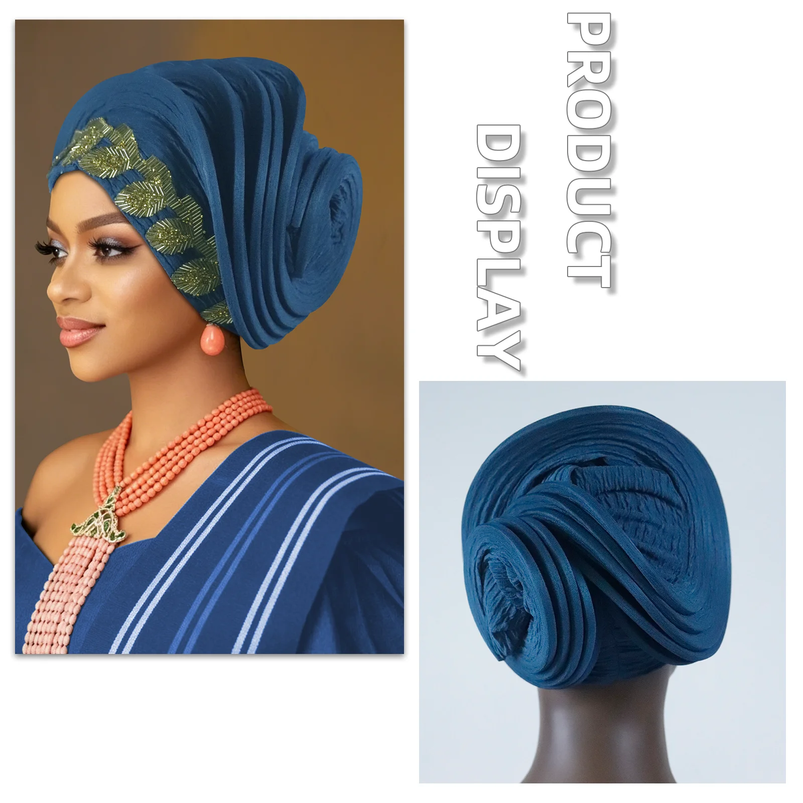 Elegant Spiral Beret Turban Cap for Women Beads Afrcian Auto Gele Head Wraps Nigeria Headpiece Wedding Party Hijab Bonnet Hat 4
