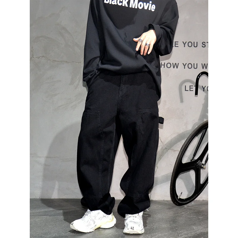 

Черные свободные прямые джинсы-карго в корейском стиле, мужские модные уличные брюки.