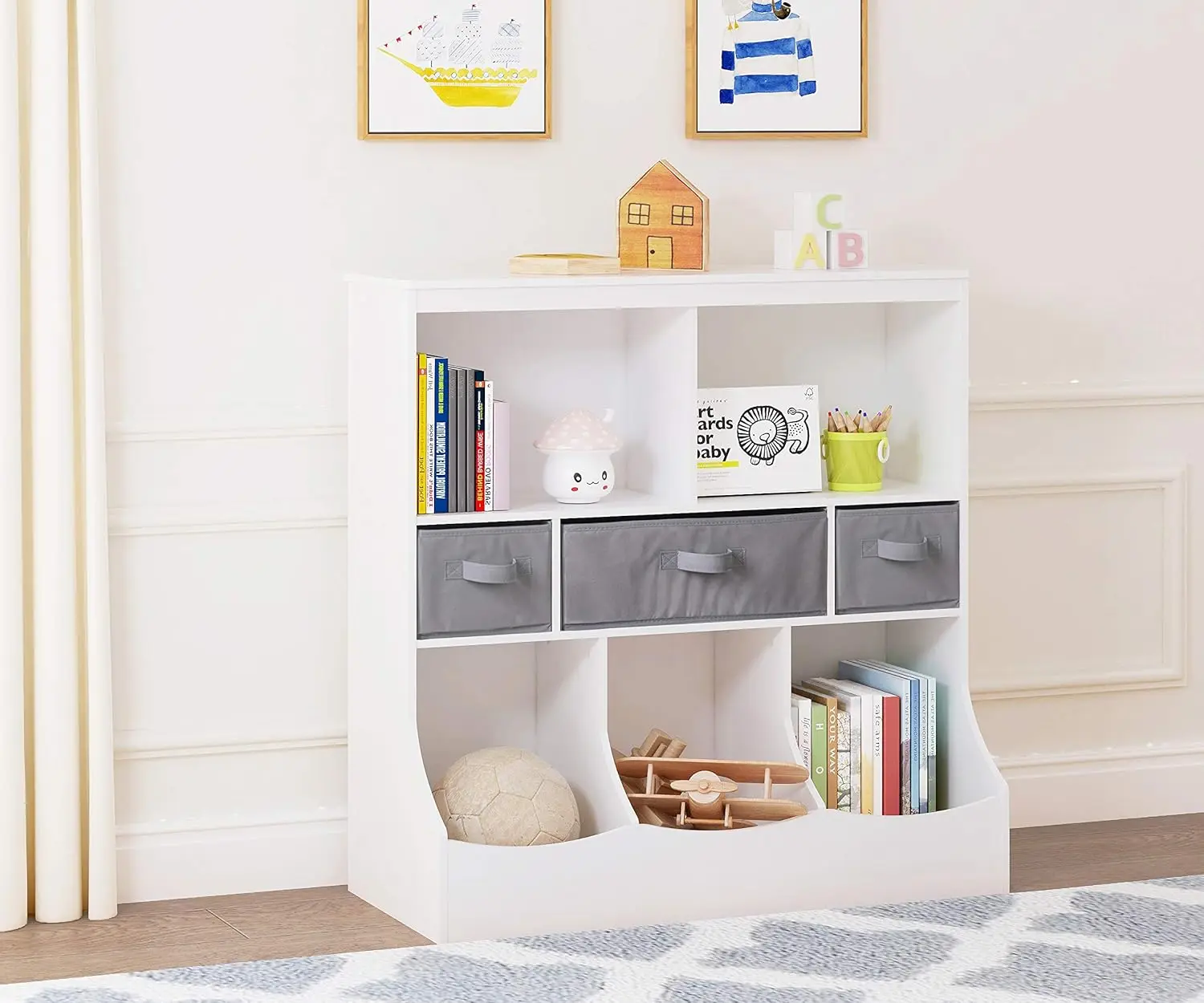 Toy Storage Organizer, 8 Cubbies Bookcase with 3 Baskets, White