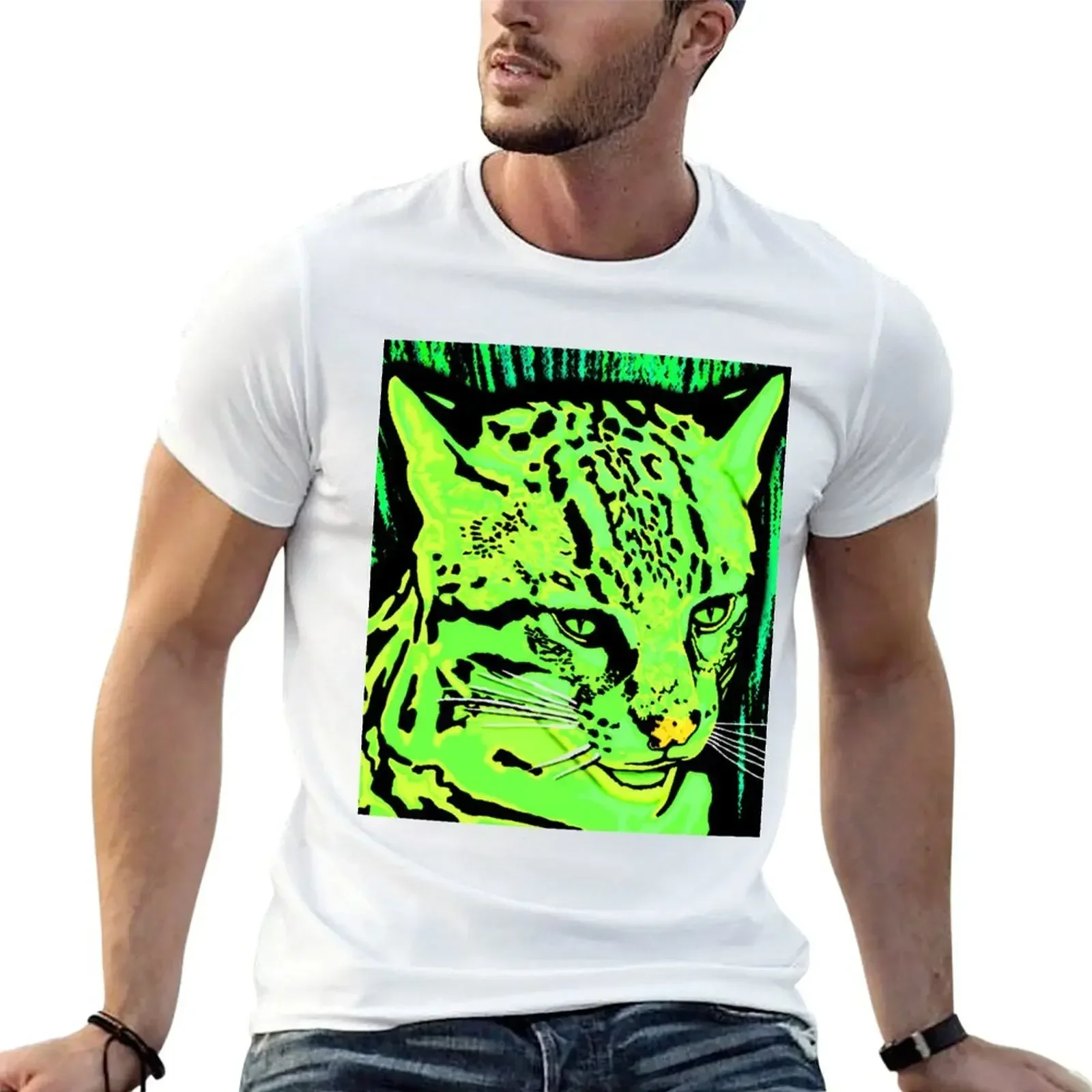 Neon Green Ocelot artwork T-Shirt customs graphics graphic t shirt vintage tees t shirt men 100℅ cotton