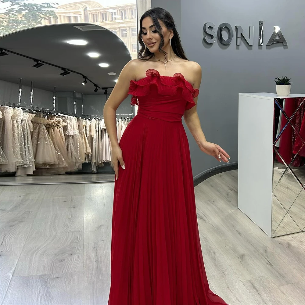 Eightale アラビア語イブニングドレス ストラップレス カスタマイズプリーツ Aライン レッドシフォン セレブリティ プロム ウェディングパーティードレス