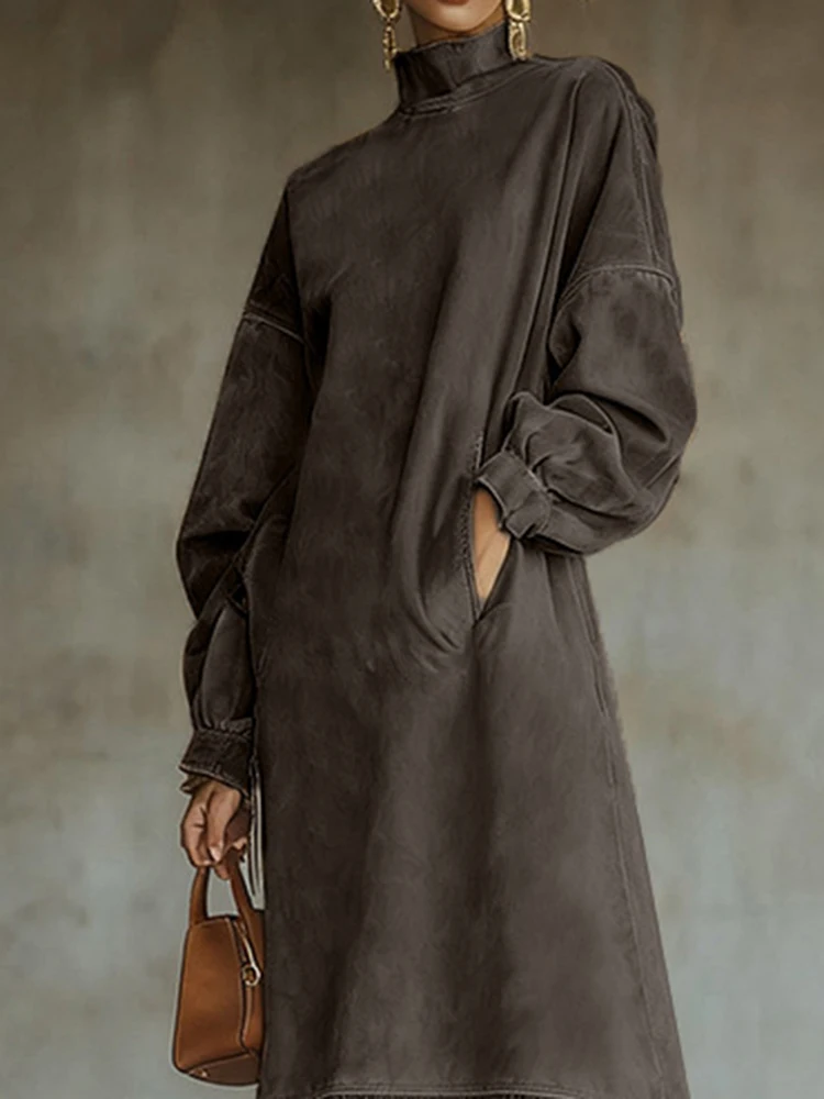 Vestido feminino cintura alta bolso borla bainha vintage imita camurça cor sólida vestido de viagem elegante gola alta solto vestido linha a