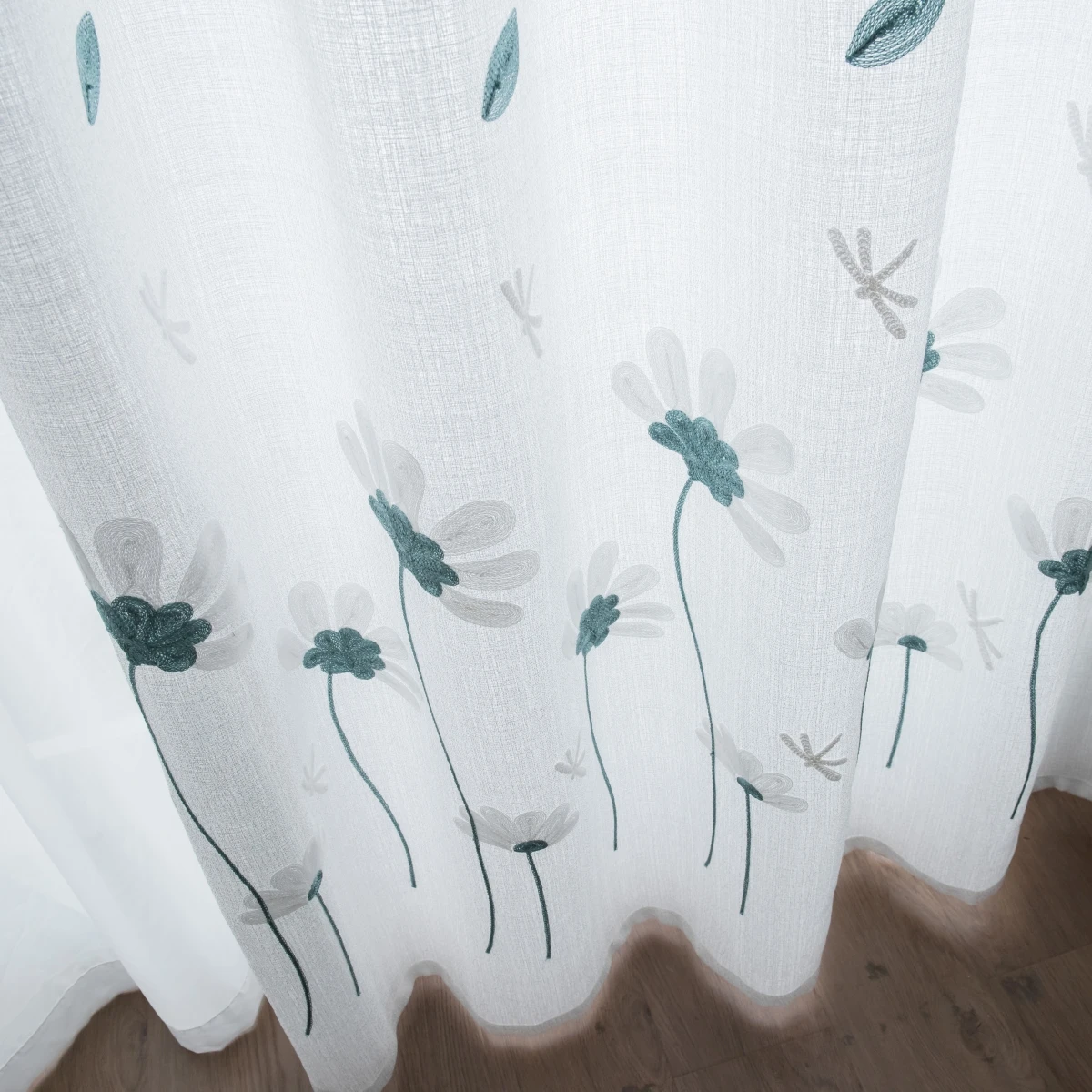 1pc White Linen-Like Daisy Sheer Curtains, Light Filtering Privacy Semi-Blackout Voile, Nordic INS Style Drapes for Living Room
