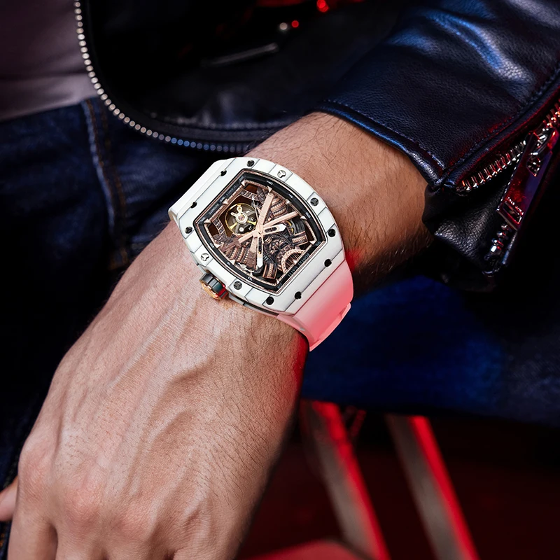 BONEST GATTI 남자 자동 시계 리얼 뚜르 비옹 토노 기계식 손목 시계 탄소 섬유 케이스 고무 스트랩 시계 남성용