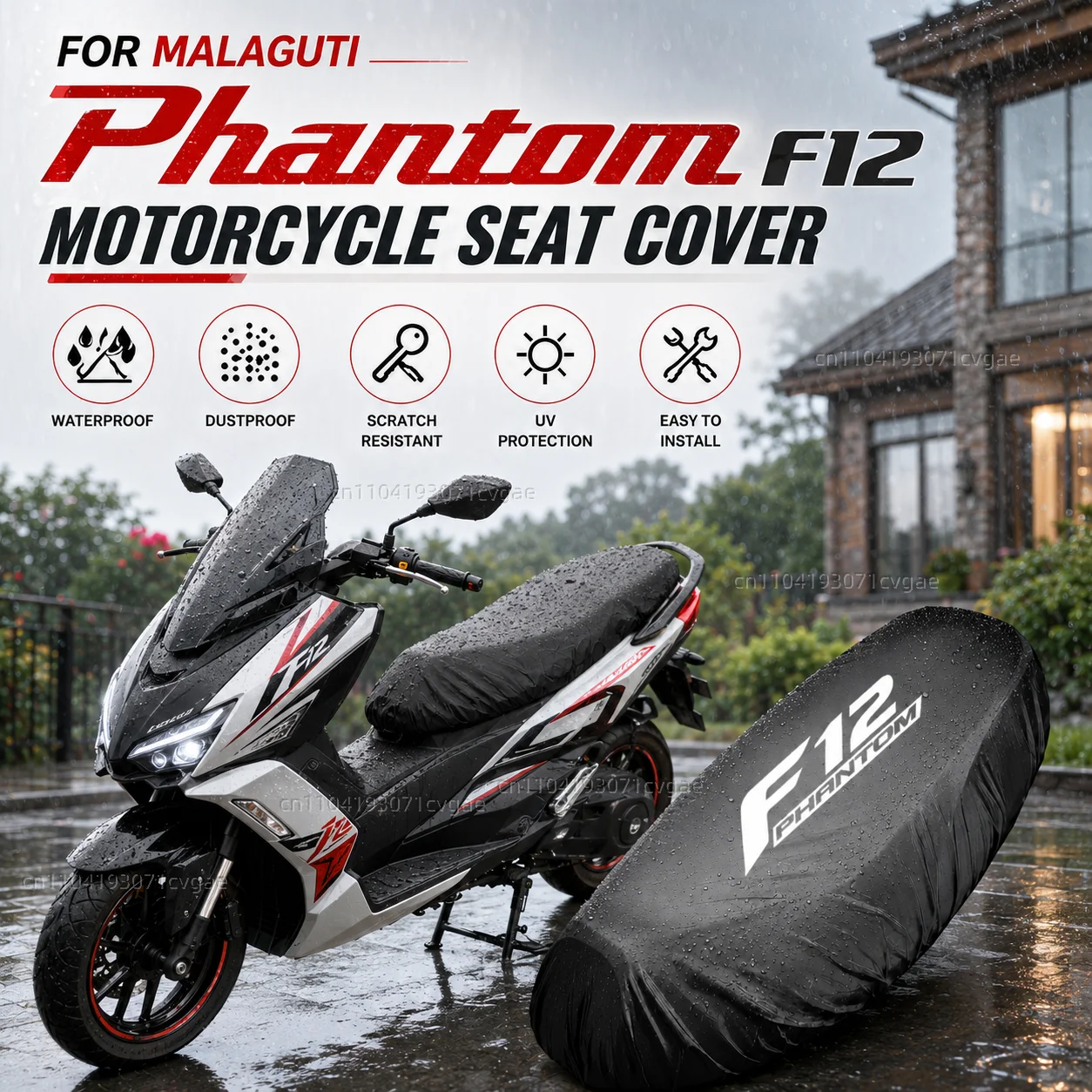 Für Malaguti Phantom F12 1998–2012, Motorrad-Regensitzbezug, wasserdichter Sattelbezug, schwarz, 210D, UV-Schutz