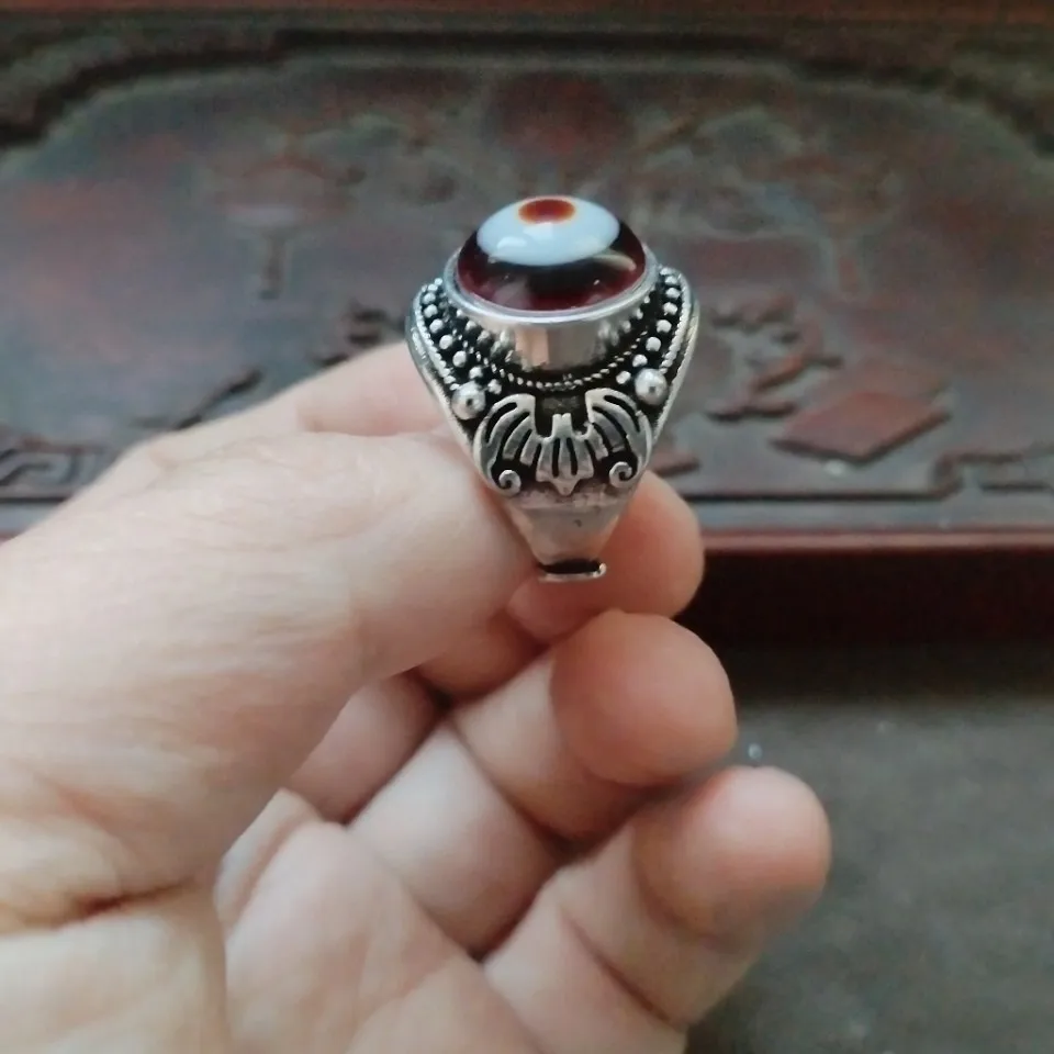 Vintage Tibetan Natural Eye Dzi Stone Open Ring Antique Silver Bat Carving Amulet Jewelry Men's Lucky Protection Finger Ring view 2