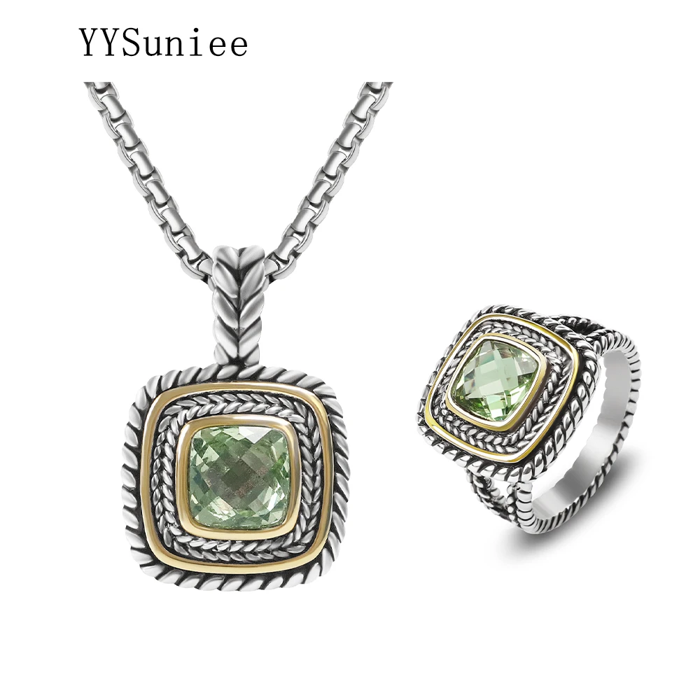 YYSuniee 7mm Cubic Zirconia Women's Jewelry Set 18k Gold-Plated Two-Color Wheat Thread Pendant Ring Set Birthday Gift