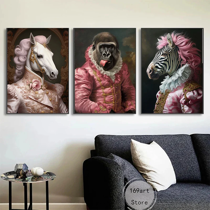 Vintage Pink Renaissance Animal Gorilla Zebra Horse Giraffe Art Poster Canvas Painting Wall Prints Picture for Room Home Decor