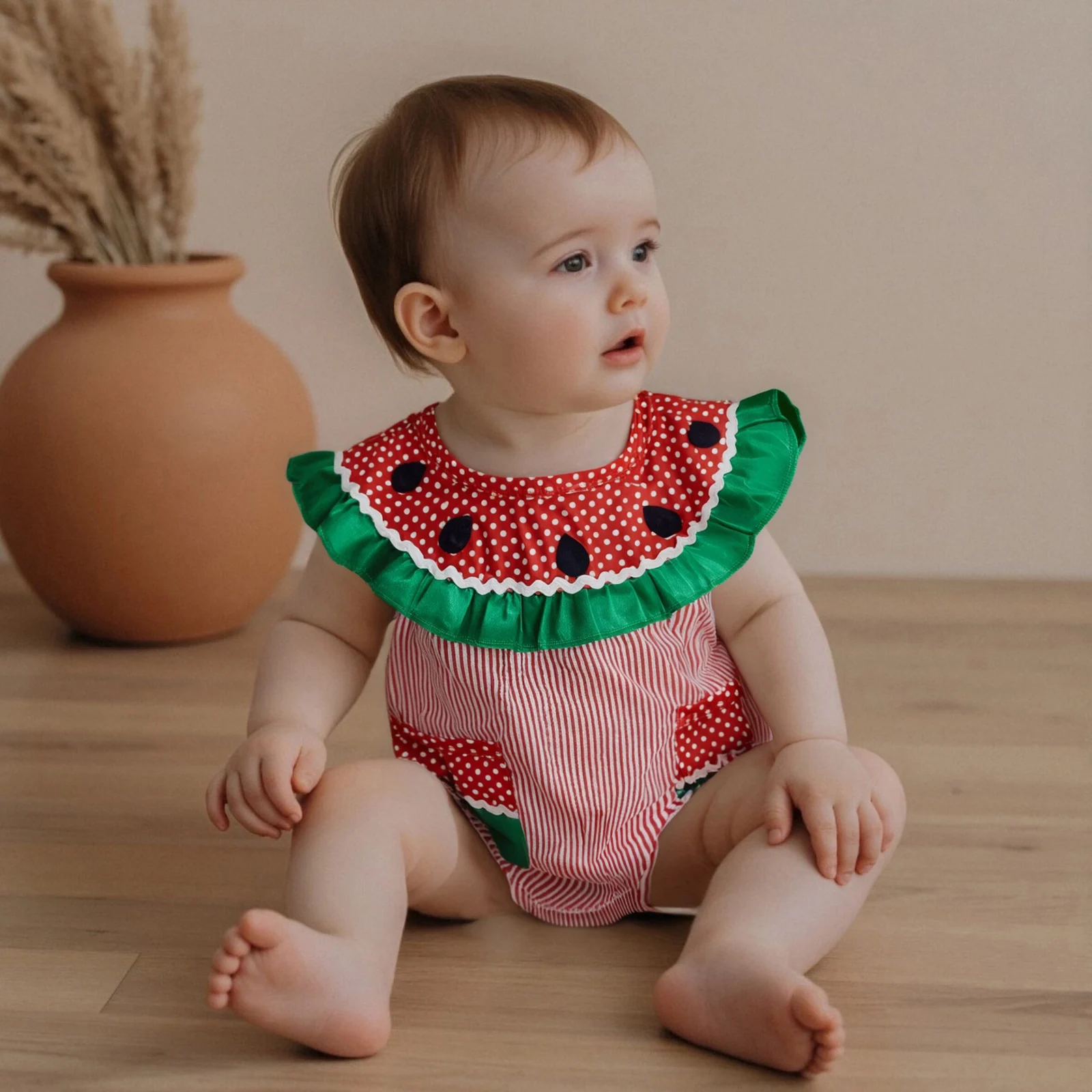 Summer Baby Girl Bodysuits Watermelon Print Sleeveless Jumpsuit with Pockets Toddler Baby Striped Romper Overalls Costume