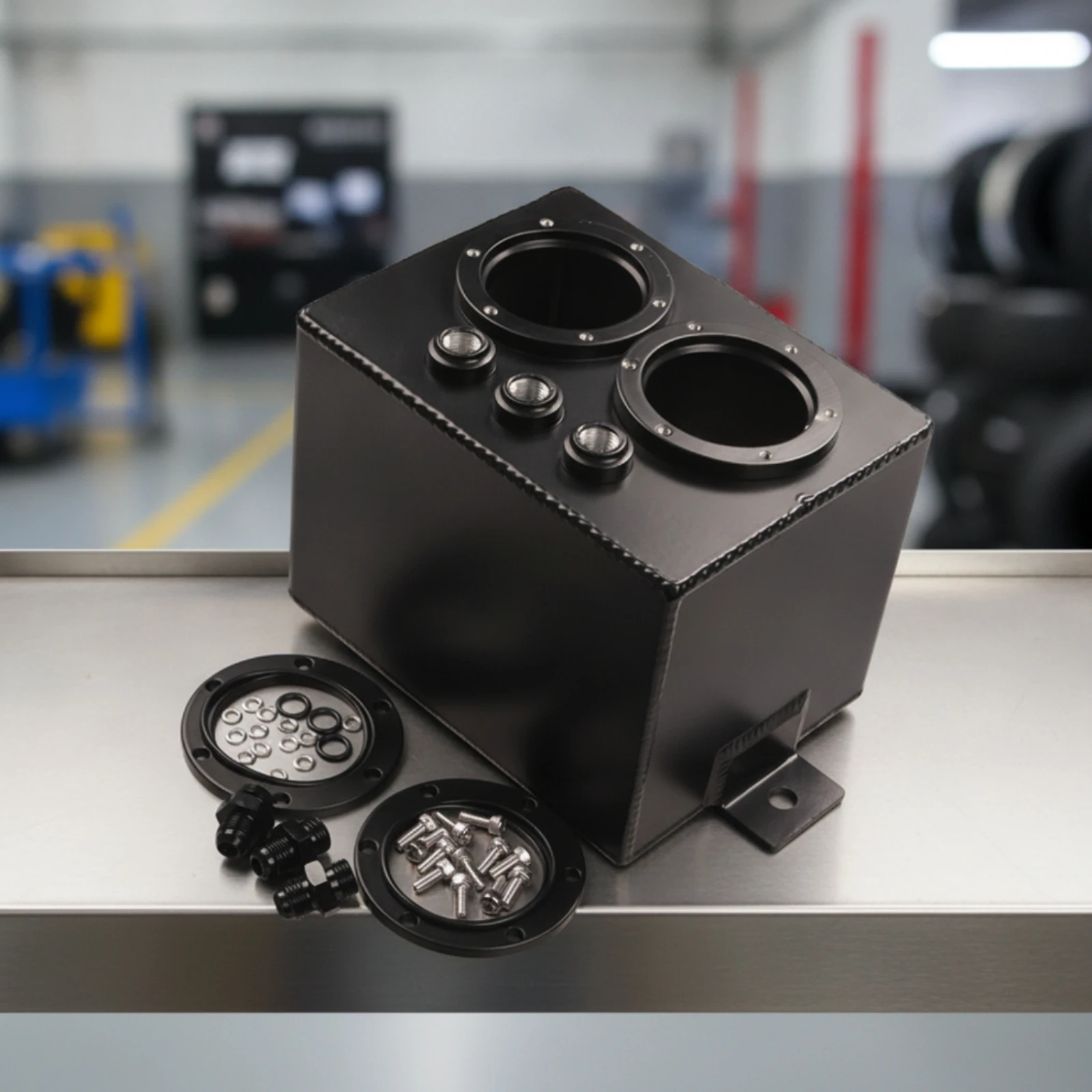 Surge Tank with Fittings Black Fuel Surge Tank Welded Alloy for Car Builders, Racing, Engine Bay