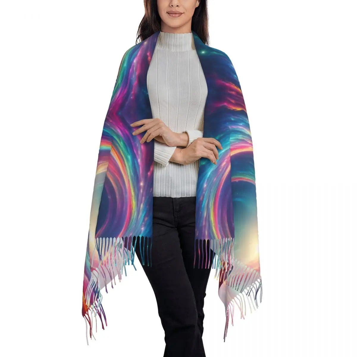 Regenbogen-geheimnisvoller magischer Schal für Damen, langer Winter- und Herbst-warmer Quastenschal, Unisex-Schals