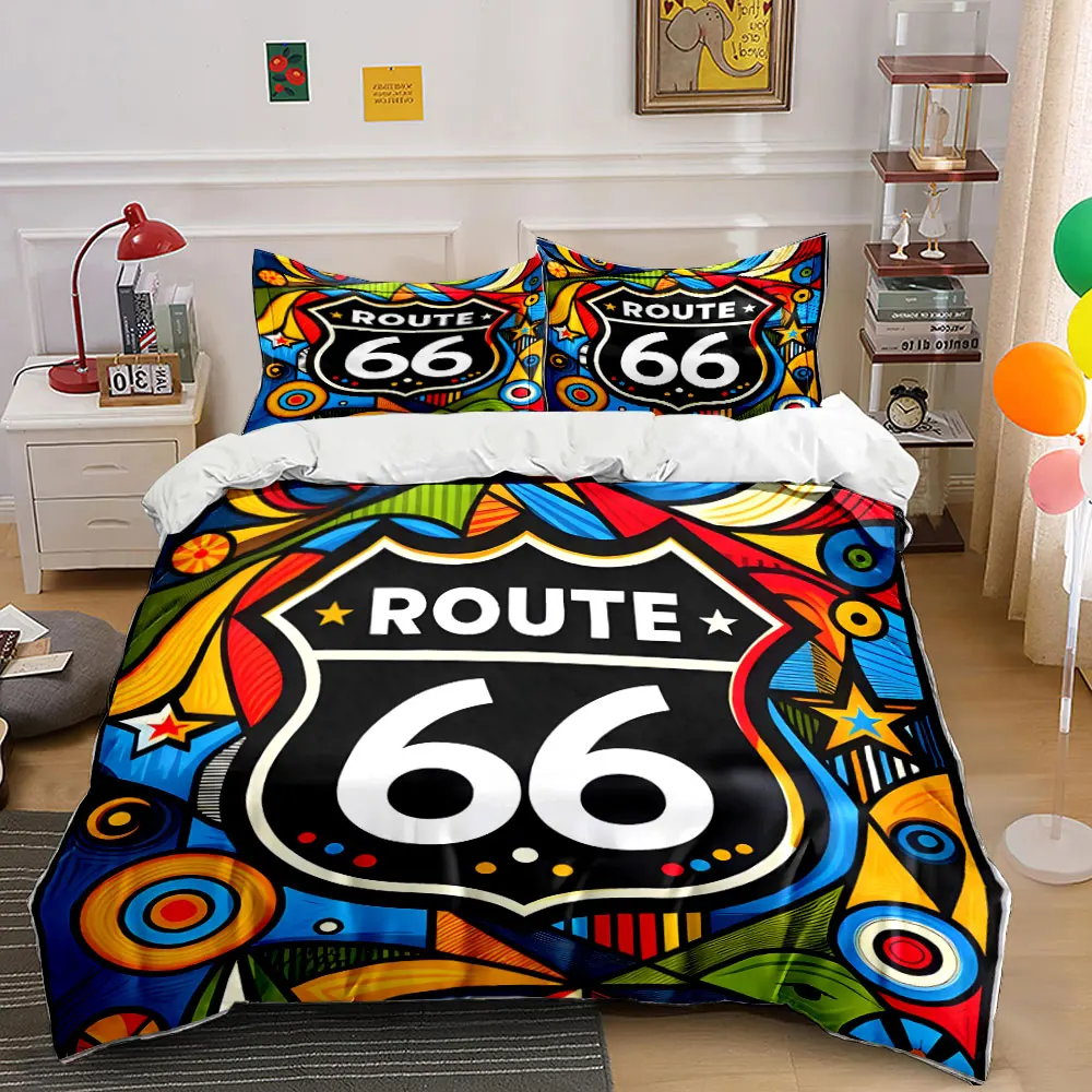 Colorful geometric art with Route 66 sign Pattern Duvet Cover Set Digital Print Colorful Polyester Bedding with Zipper Closur