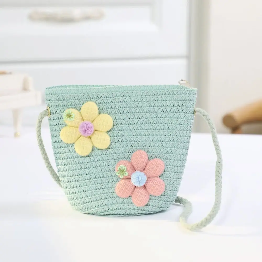Handmade Woven Girl Flower Straw Bag Zipper Coin Purse Kid Messenger Bags Photo Props Storage Basket Crossbody Handbag