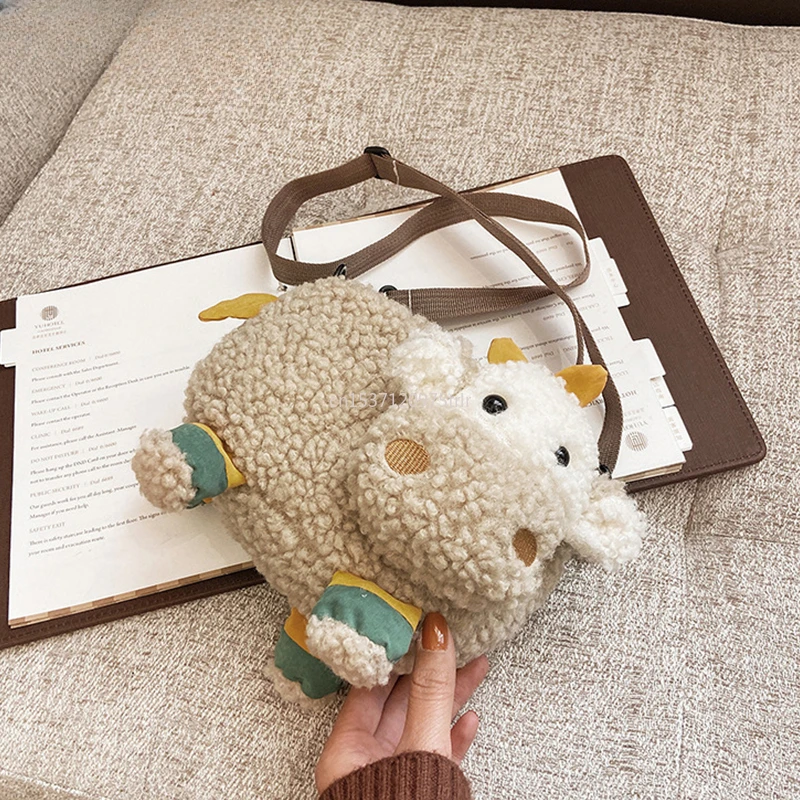 Lovely Cartoon Cow Shape Plush Messenger Bag Kid Designer Bag Cattle Crossbody Bags Small Handbags Coin Purse Women'S