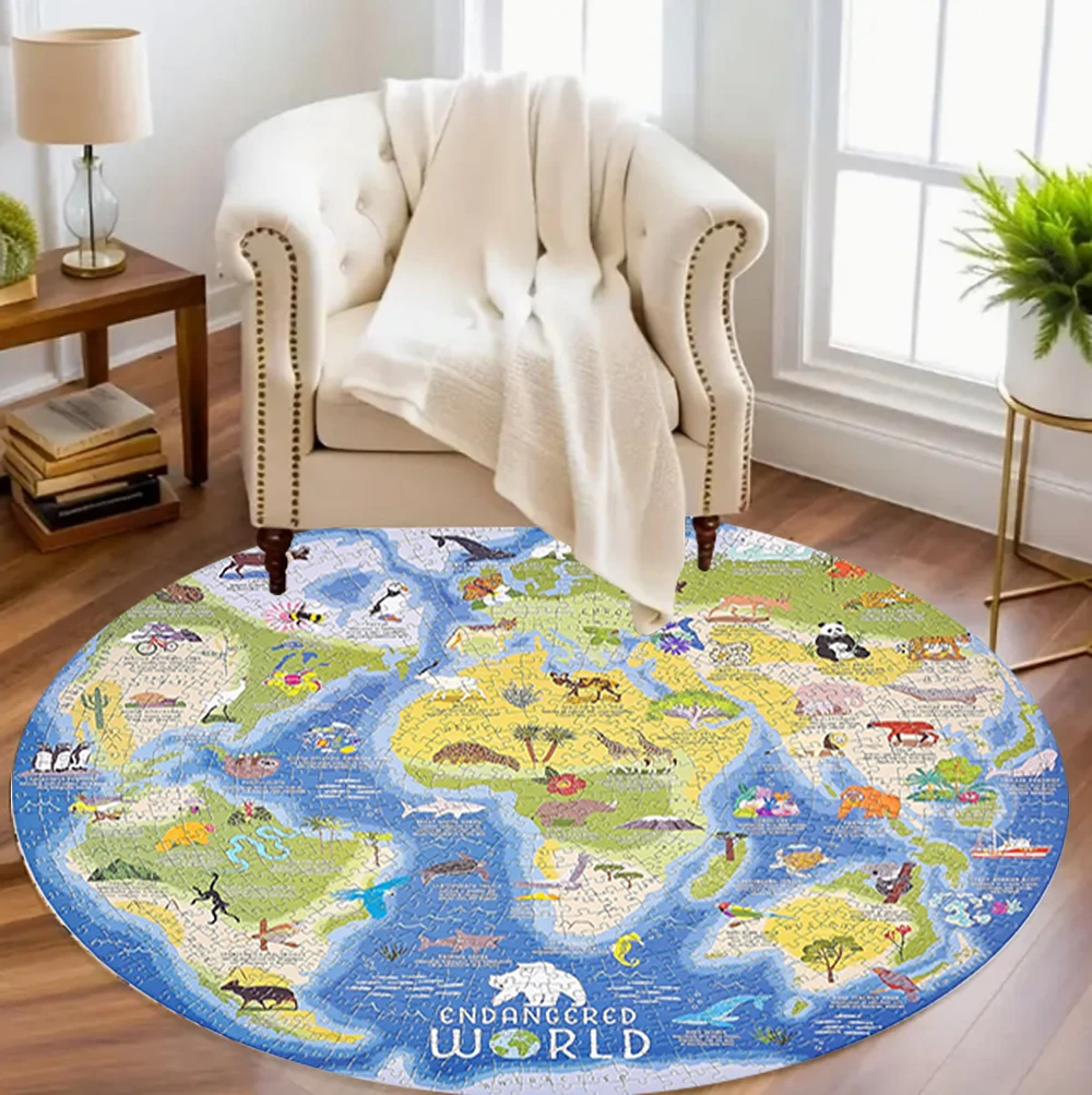 

World Map Round Carpet Mat Rug Educational & Interactive Home Decoration with Blue White Tone for Kids Room Playroom
