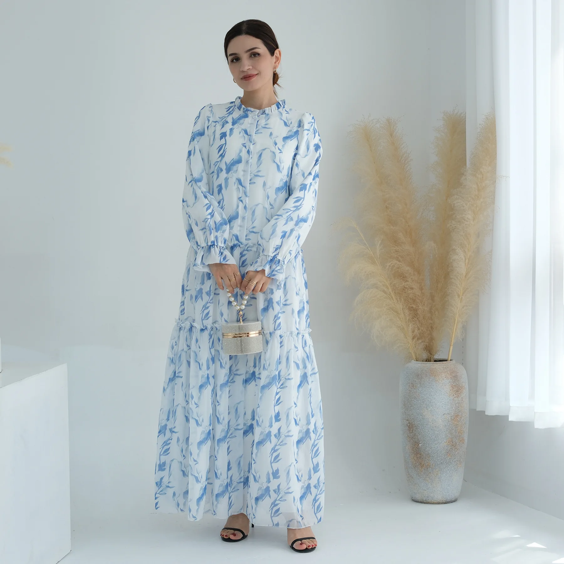 

Ид Рамадан Платье-рубашка с цветочным принтом и пуговицами для женщин Мусульманская Абая Дубай Турция Кафтан Марокаин Джалабия Саудовская Аравия Халат Платье