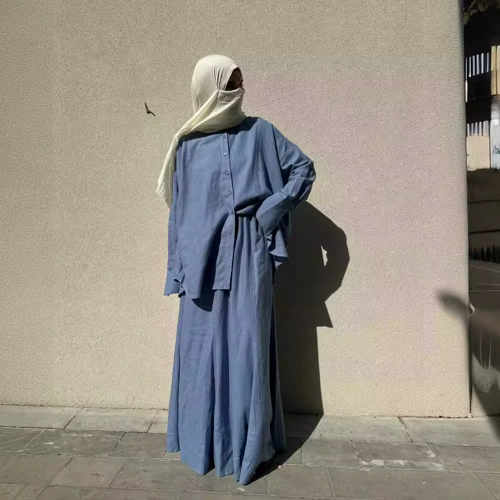 

Women Muslim Set Wide Leg Pants Set Two Piece Set Cotton Linen Buttons Shirt Suit Ramadan Eid Dubai Ensemble Arabic Outfits