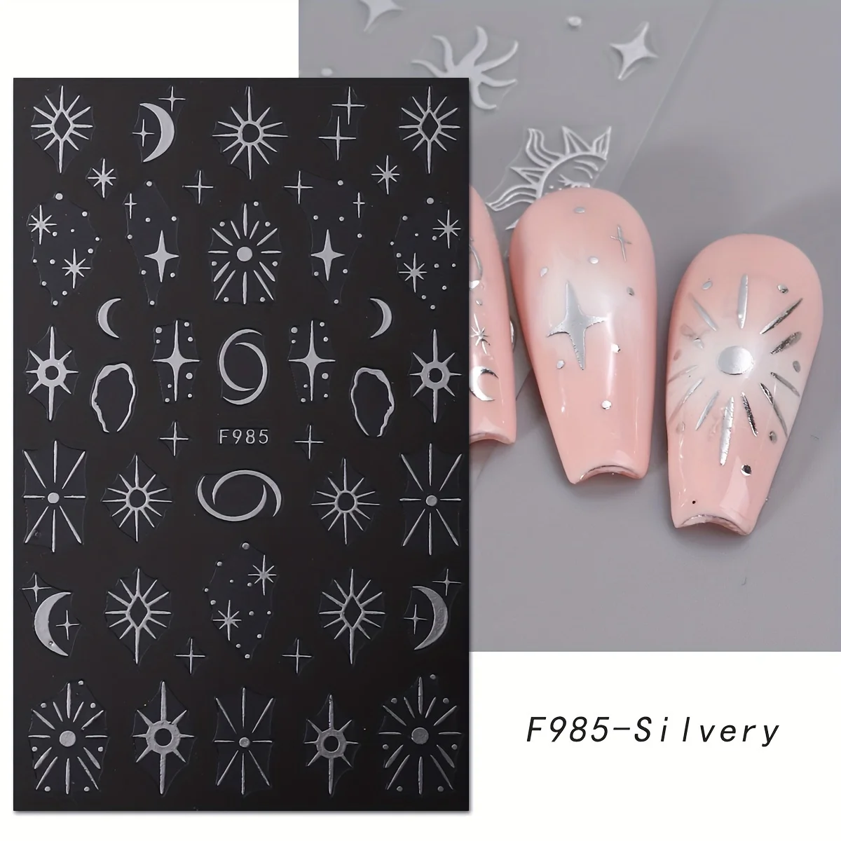 8pcs silver sun moon star nail art stickers, easy to apply for nail decoration, DIY, gift, party and wedding makeup styling view 3
