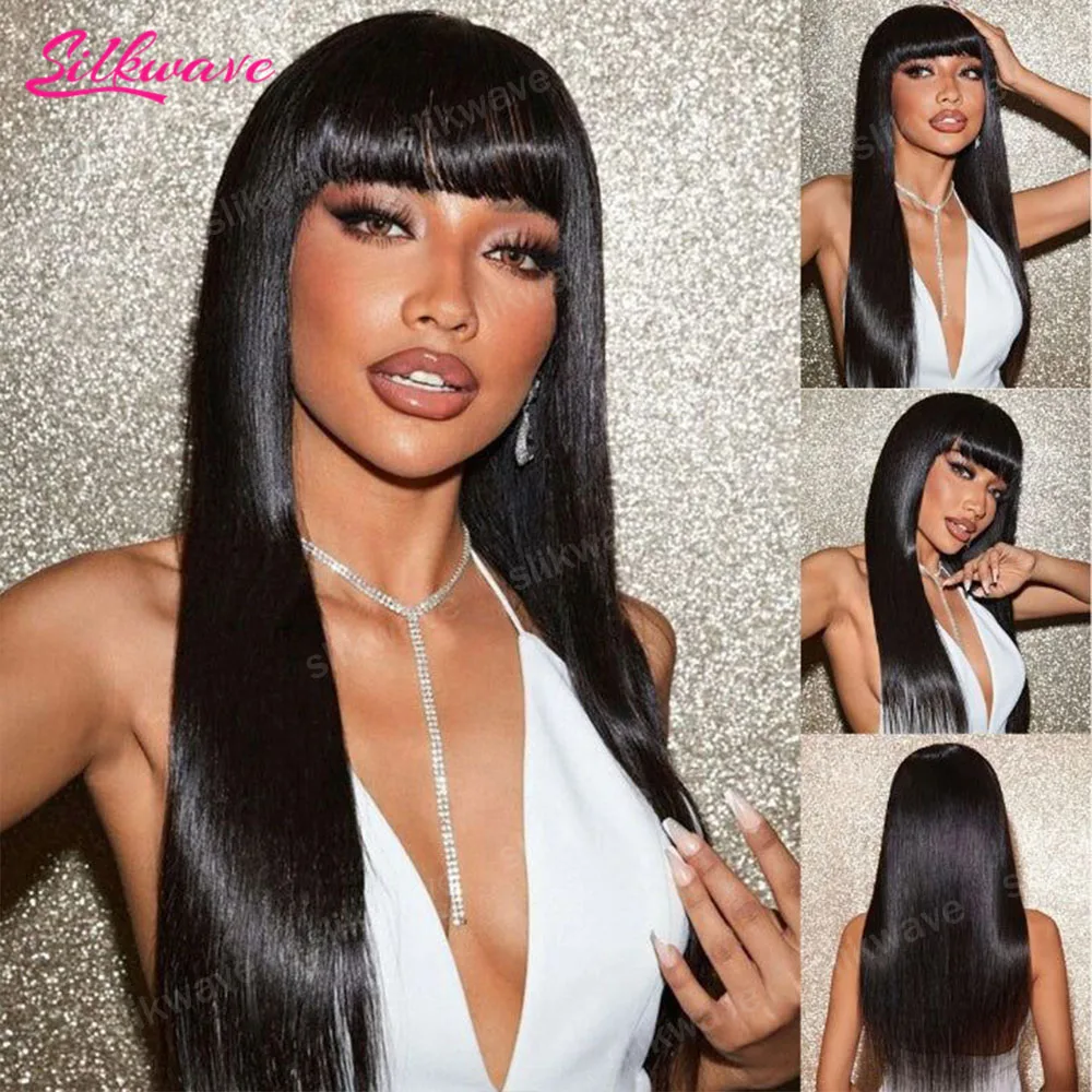 

Прямой парик из натуральных человеческих волос с челкой для женщин, 30 дюймов, бразильский, 3x1, безклеевой, из натуральных человеческих волос, натуральный черный цвет