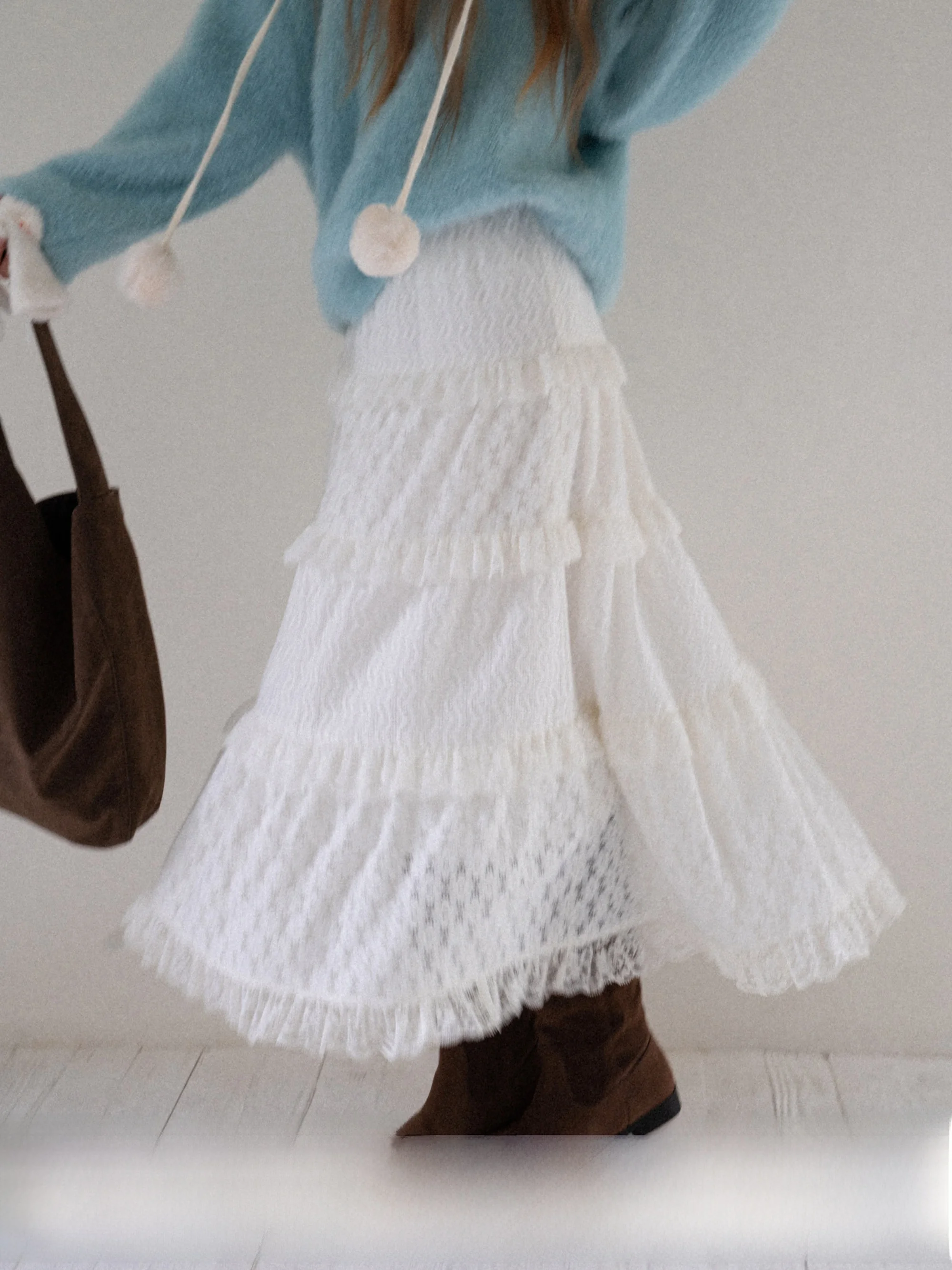 

Белая кружевная отделка, тяжелая юбка-тортик с вышивкой, юбка-миди трапециевидной формы с высокой талией EGGKA, повседневная юбка из полиэфирного волокна, эластичная талия