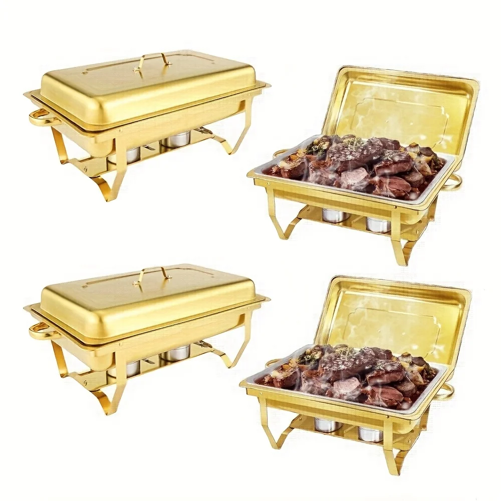 

2/ 4pcs Stainless Steel Chafing Dishes Set, 8QT, Golden, High Grade, for Parties, Buffet, Food Warmers, No Electricity Needed, O