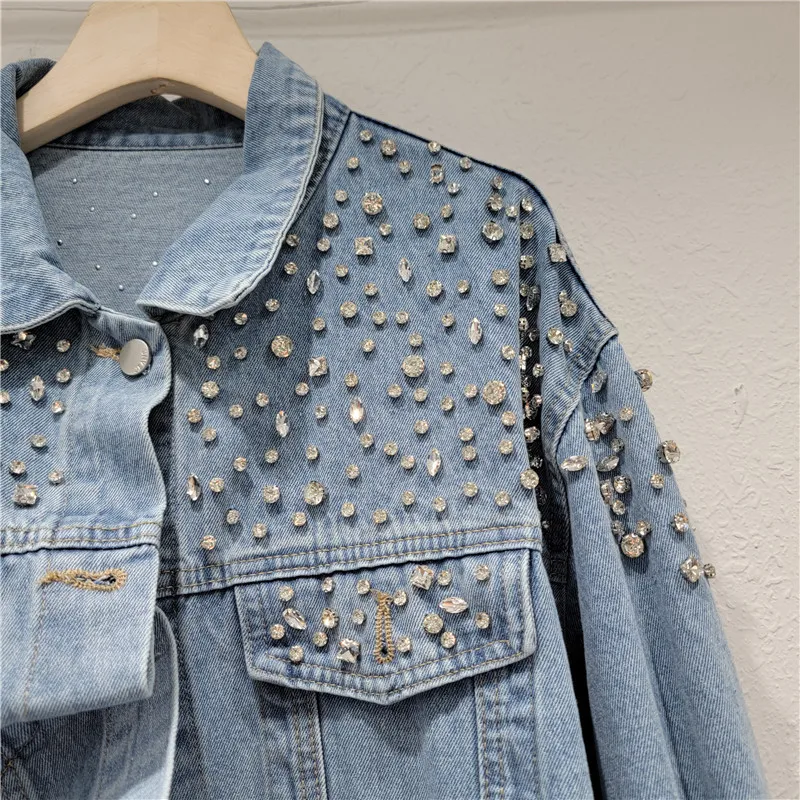 Women Diamonds Beaded Denim Jacket Retro Washed Crystal Jeans Coat Long Sleeved Rhinestones Cowboy Cardigan Single Breasted Tops