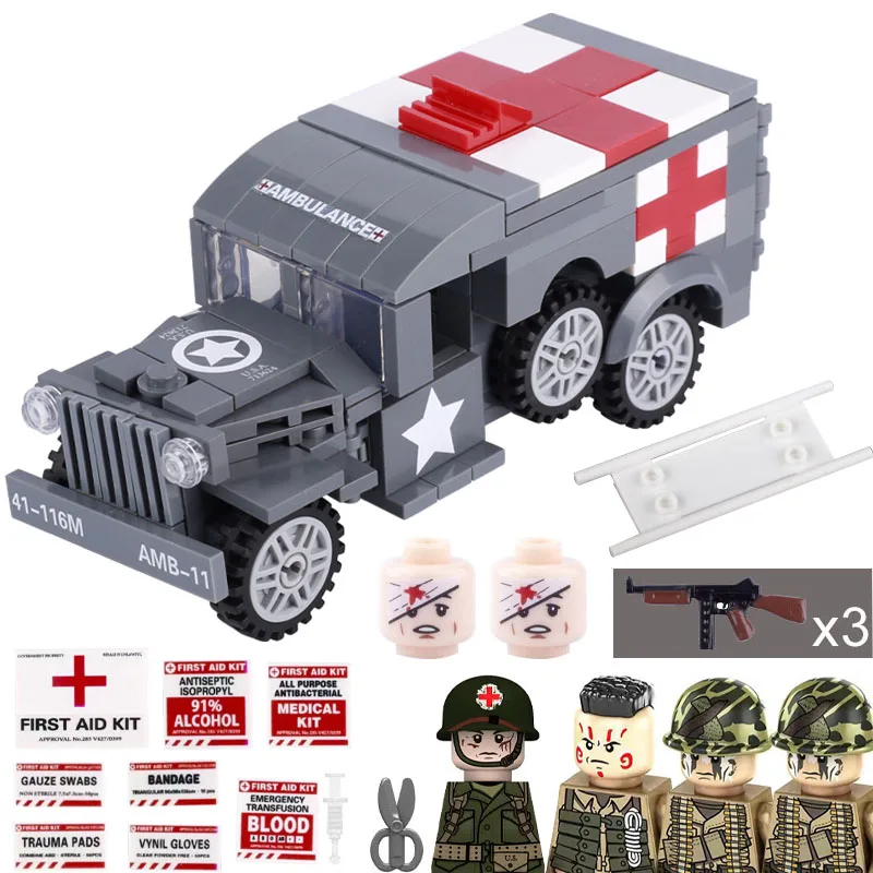 WW2 Military US WC54 Medical Vehicle Building Blocks Soldier Ambulance Mini Army Car Model Bricks Toys For Kids Gifts