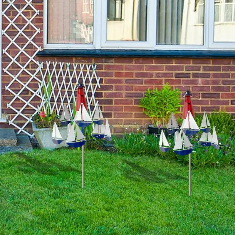 

Outdoor Lighthouse Sail Boat Windmills Nautical Wind Spinner Kinetic Art Sculpture Metal Decor For Yard Lawn Garden