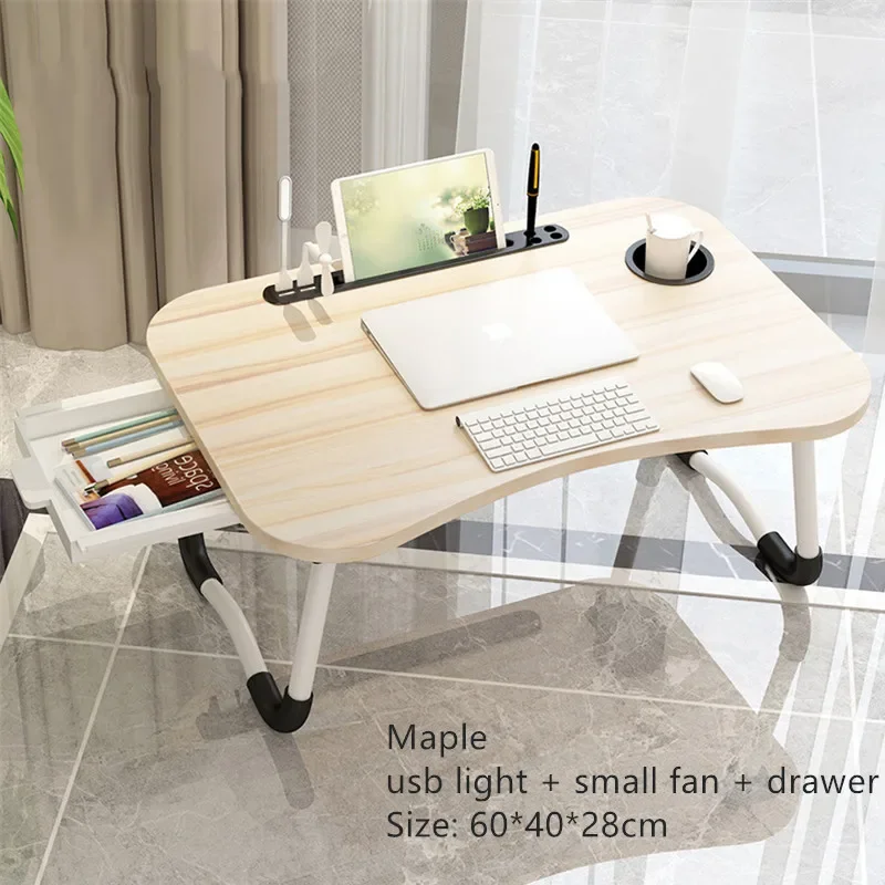 Lap Folding Laptop Desk for Bed Computer Desk with Hutch Multifunctional Table Board Pad Stand USB Writing Desk with Drawer