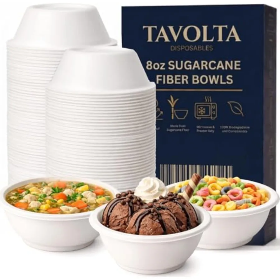 8oz Compostable Paper Bowls Heavy-Duty Disposable Bagasse Bowls, Biodegradable and Eco-Friendly, Microwave Safe, Heat Resistant