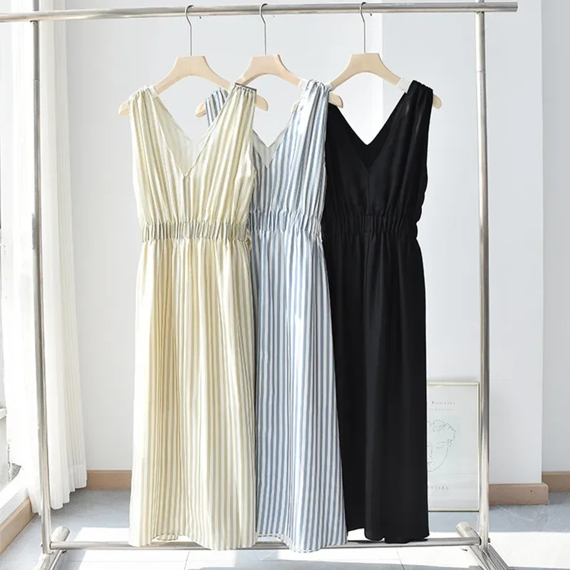 

Dress for Women 2023 New 100% Silk Stripes or Solid Color V-Neck Elastic Waist Slim Casual Sleeveless Midi Robe with Belt