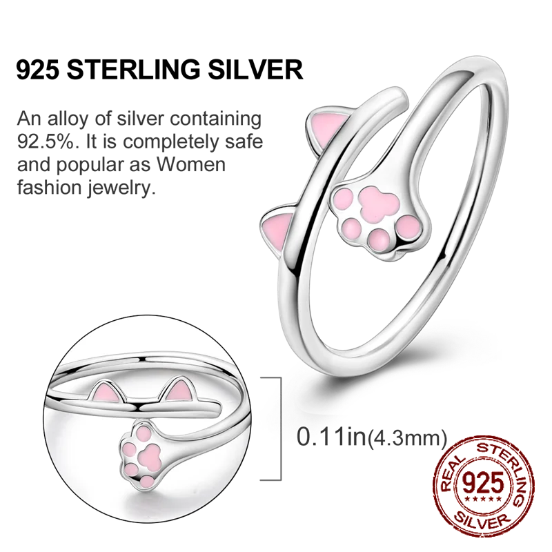 Original Solid PURE 925 เงินสเตอร์ลิงน่ารักแมวนิ้วมือแหวนผู้หญิงสาวแหวนของขวัญเครื่องประดับสําหรับแฟน