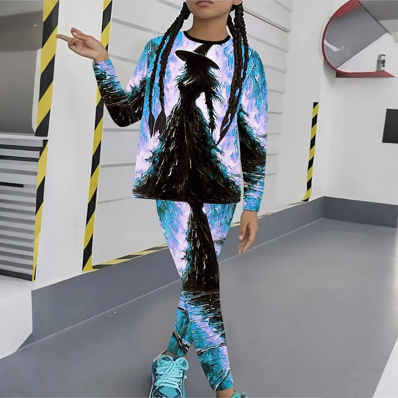 Girls Print Long Sleeve Round Neck Top Cute Two-Piece Casual T-shirt Autumn Leggings Winter Jogging Pants