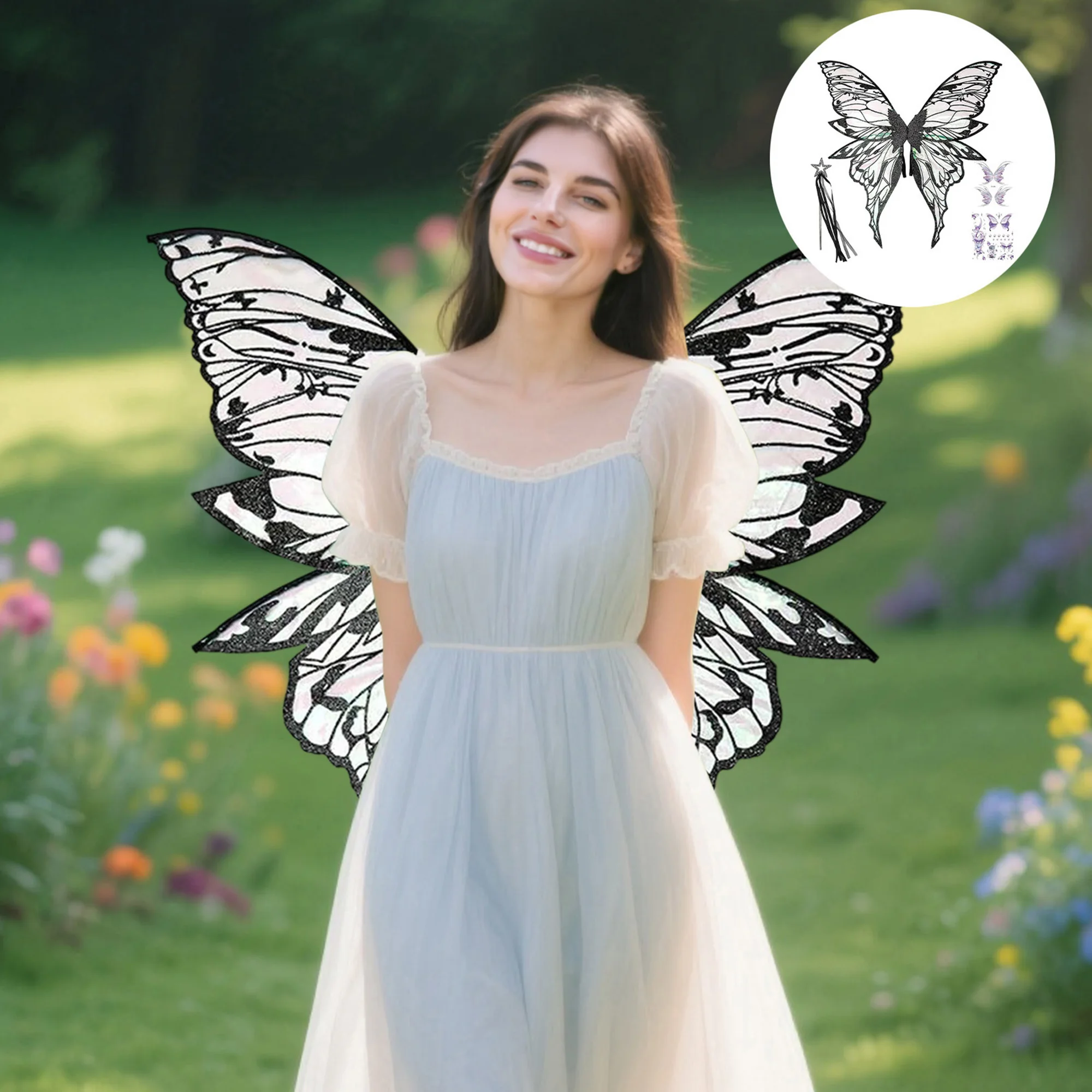 여아용 요정 공주 코스튬 세트, 반짝이는 나비 날개, 마법 지팡이, 왕관 포함 할로윈 드레스업 키트 (어린이용)