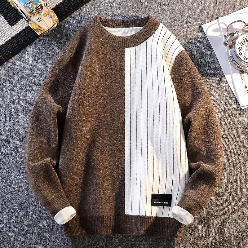 เสื้อสเวตเตอร์คอโอ แฟชั่นสีบล็อก อบอุ่น สำหรับฤดูใบไม้ร่วง/ฤดูหนาว ปี 2025 เสื้อไหมพรมถักสำหรับผู้ชาย สวมใส่สบายๆ อยู่บ้าน