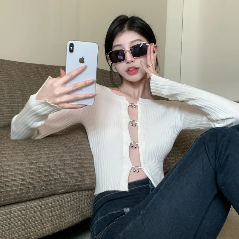 Pullovers Women Spring Knitting Slim Sexy Hot Girls Daily Korean Style Fashion Solid Design Casual All-match Simple Женский Ins