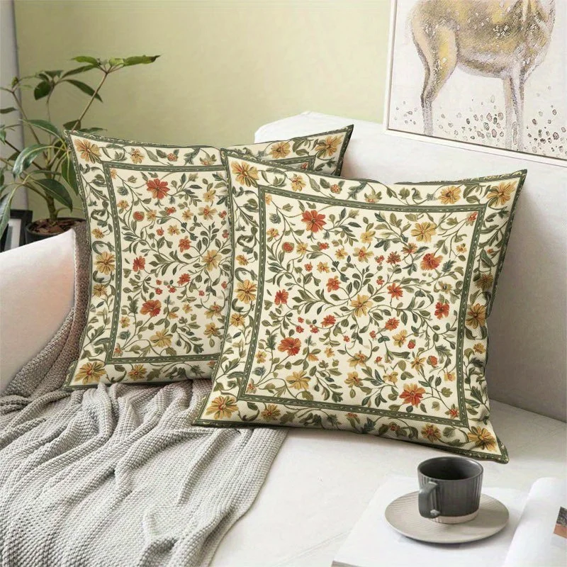 1pc Vintage Border Floral Throw Pillow Cover, 2D Double-Sided Print Soft Polyester Cushion Case for Home Sofa Bedroom Car Decor
