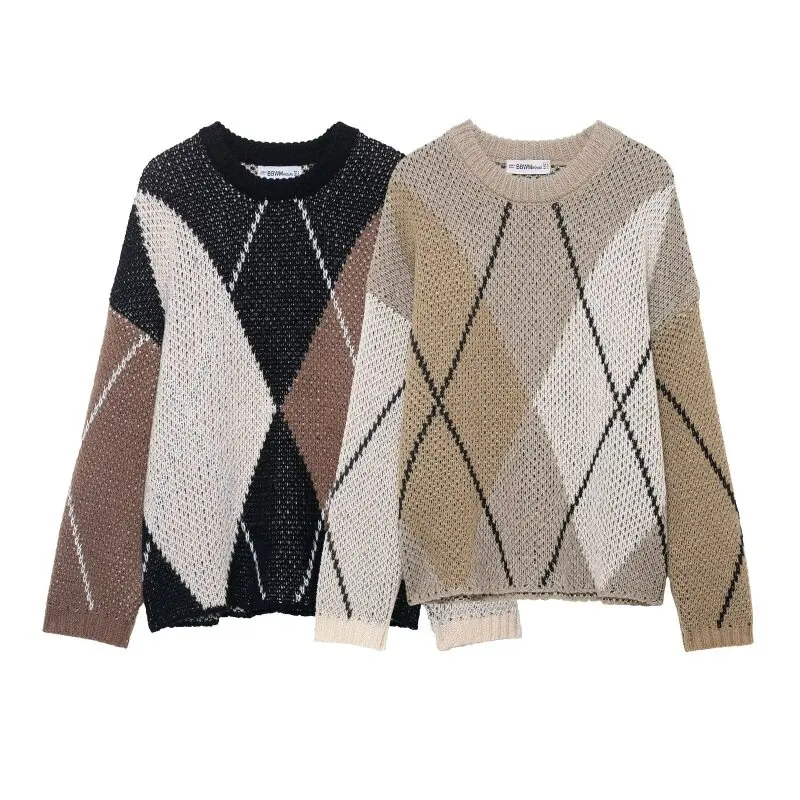 

Женский осенне-зимний классический свитер с ромбовидным узором, повседневный, с длинным рукавом, круглым вырезом, для работы и путешествий