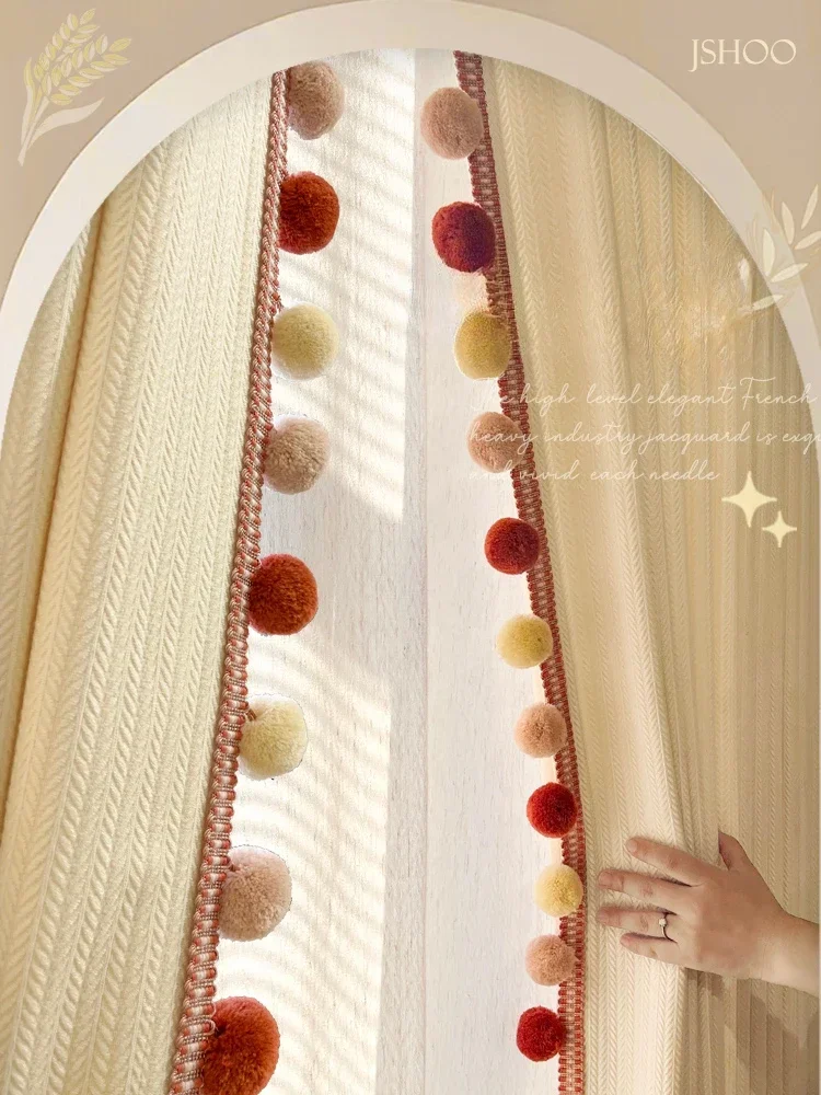 Customized Wheat Ear Pattern French Cream Curtains for Living Room Bedroom 2023 New Big Hairball Retro Romantic Simple Modern