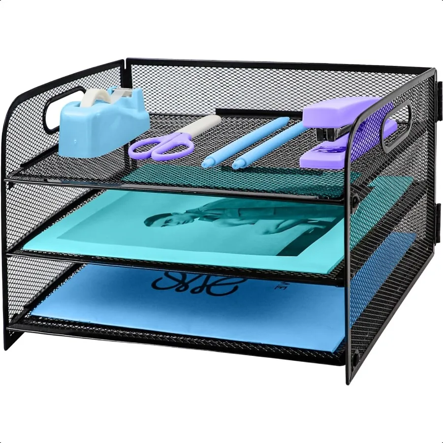 

3 Tier Desk Organiser with Handle PullOut Mesh File Organizer for Letter Tray Organizer Mesh Desk Organiser Tray Paper Storage